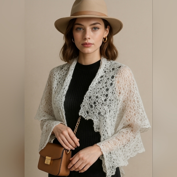 A high-quality pashmina made from natural goat down. It features an airy spiderw - Picture 1 of 8